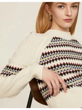Veronica Beard Jimena Chunky Fair Isle Merino Wool Fitted Sweater Small